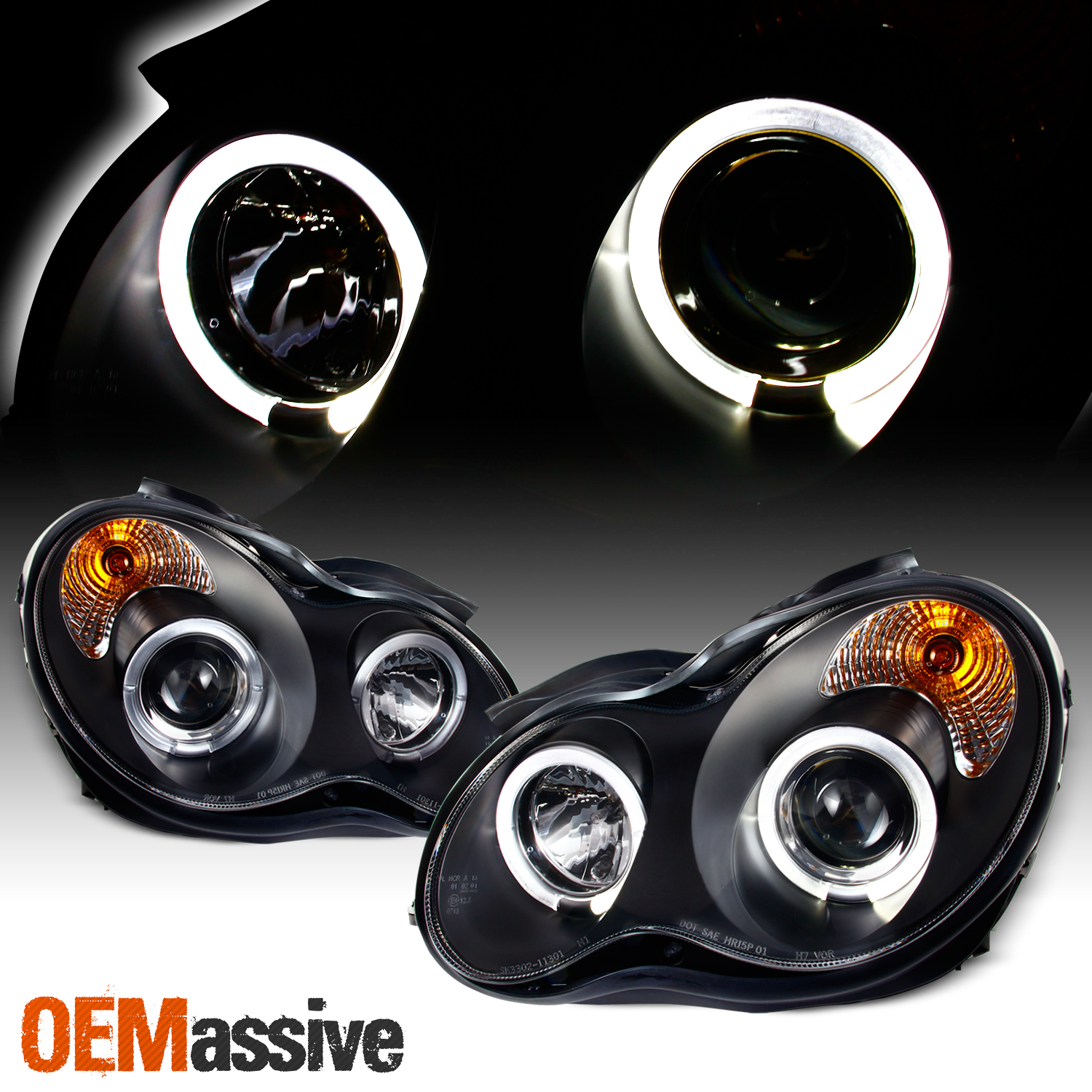 Fits 200107 Benz W203 CClass Black Bezel LED Halo Projector